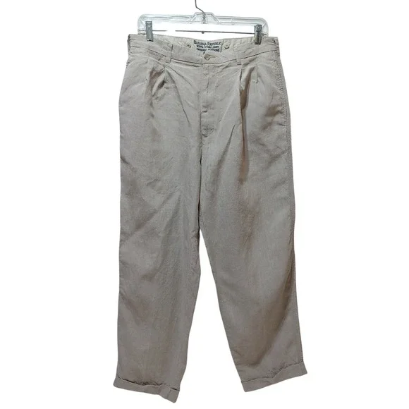 Banana Republic Men Linen Pants 34x28 Tan Pleated Cuffed Resort Old Money Preppy