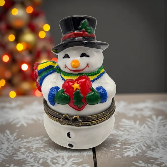 Vintage Snowman Porcelain Hinged Trinket Box PHTB