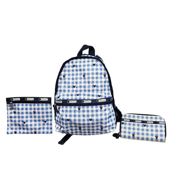 LeSportSac Disney Backpack Set Mickey Minnie Blue Gingham Plaid Wallet Pouch‎