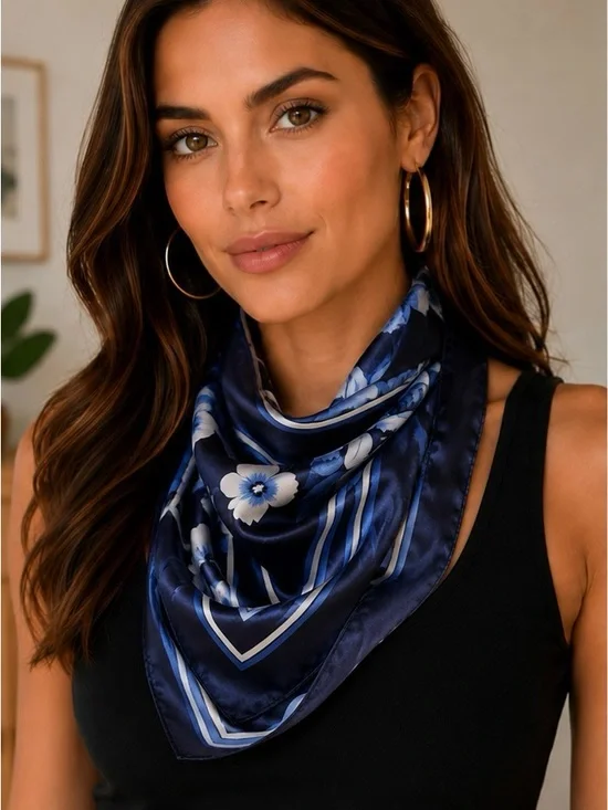 Elegant Silk Feel Blue on Blue Floral Satin Scarf