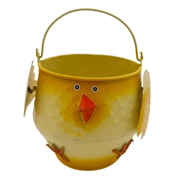 Retro Easter Chick Metal Basket Yellow Spring Cottage Decor 5.25