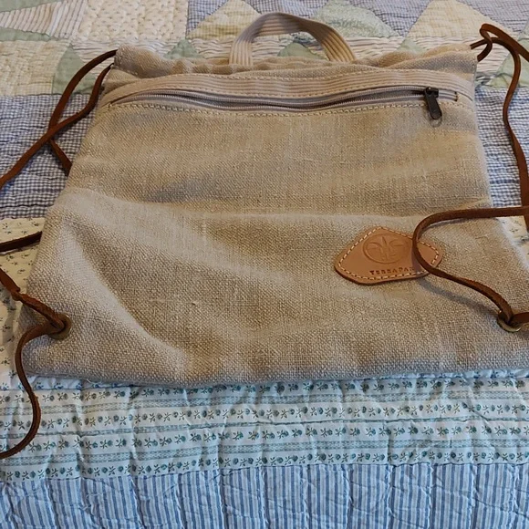 TerraPax Handcrafted Hemp Canvas and Leather Backsack. 13 1/2