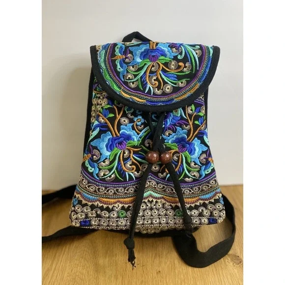 Women's Embroidered Backpack Purse Boho Hippie Canvas Shoulder Bag Adjustable.