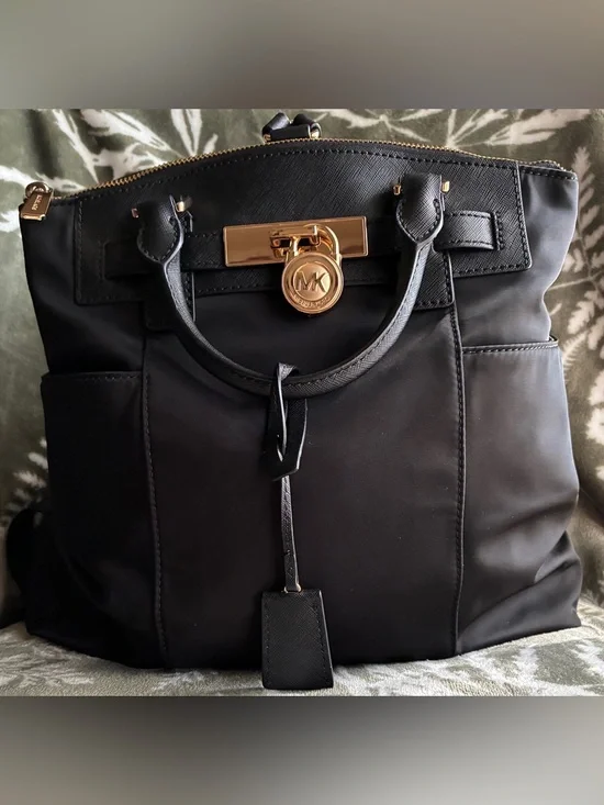 Michael Kors Black Nylon Backpack with Gold MK Charm