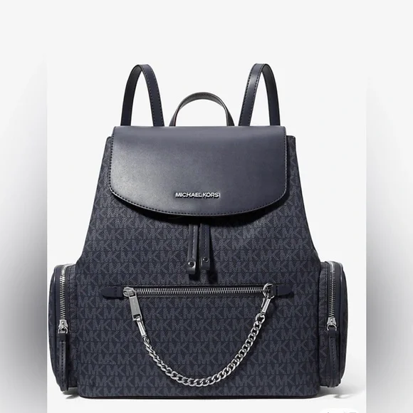 Michael Kors Signature Jet set Navy and Silver‎ MK Logo Backpack