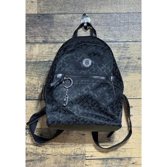🔥Tommy Hilfiger Women's Mini Backpack Black Bag Signature TH Pattern