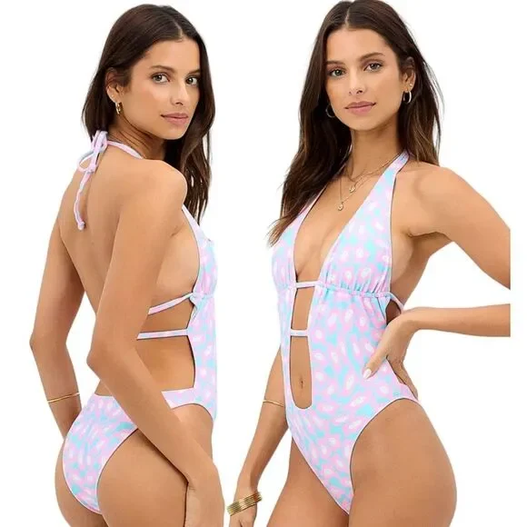Frankies Bikinis Womens Pink Blue Floral Halter Cutout One Piece Swimsuit Large