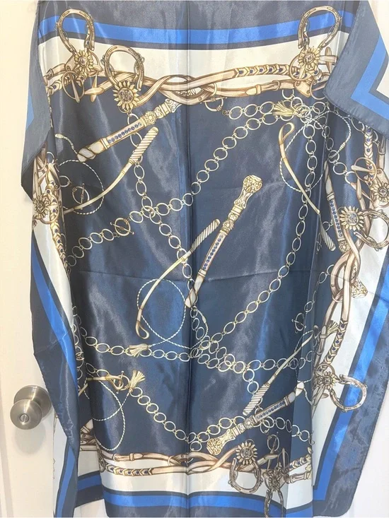 Navy Blue Chain Print Silk-Feel Scarf