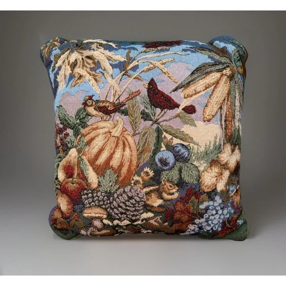 Vtg‎ 90s Tapestry Fall Harvest Square Green Pillow,Fruit,Birds,Pumpkin Autumn