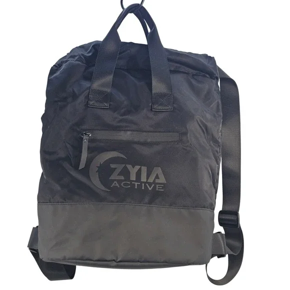 Zyia Active Black Nylon Foldover‎ Backpack Convertible Tote Bag