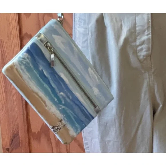 White House Black Market Hand Painted Yorkie Beach Scene Wristlet Wallet