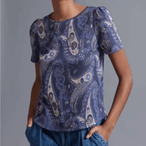 Anthropologie Demeter Blue Paisley Sparkly Puff Short Sleeve Knit Top Size XS