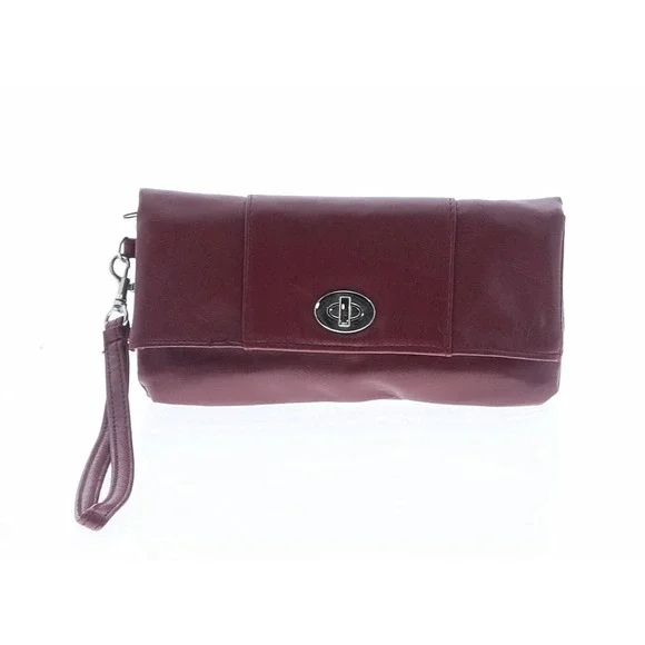 Burgundy Faux Leather Wristlet Clutch Turn Lock Silver Hardware Maroon Bag