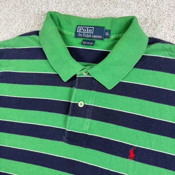 Polo Ralph Lauren Polo Shirt Men XL Green Navy Blue Striped Short Sleeve Pony