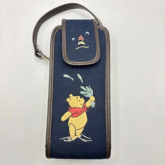Vtg Disney Store Winnie the Pooh Navy Canvas Leather Trim Pouch Wristlet Case