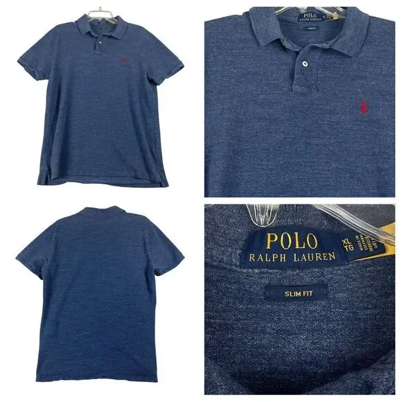 Men's Polo Ralph Lauren‎ 100% Cotton Blue Heather Polo Slim Fit XL 0302