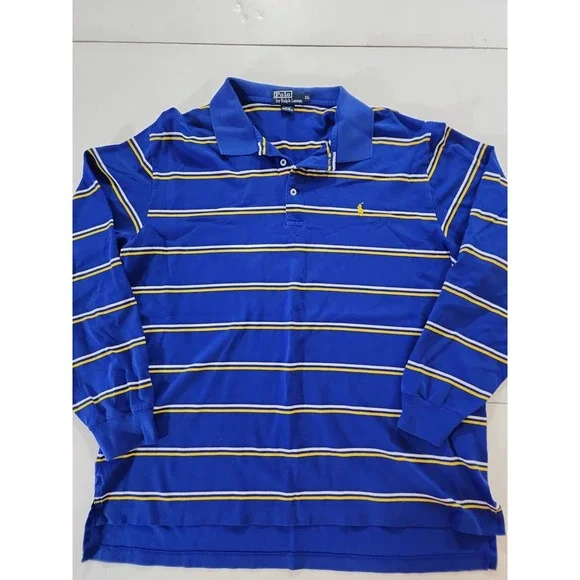 Vtg Polo Ralph Lauren Striped Long Sleeve Polo Shirt XL Blue Yellow Pima Cotton