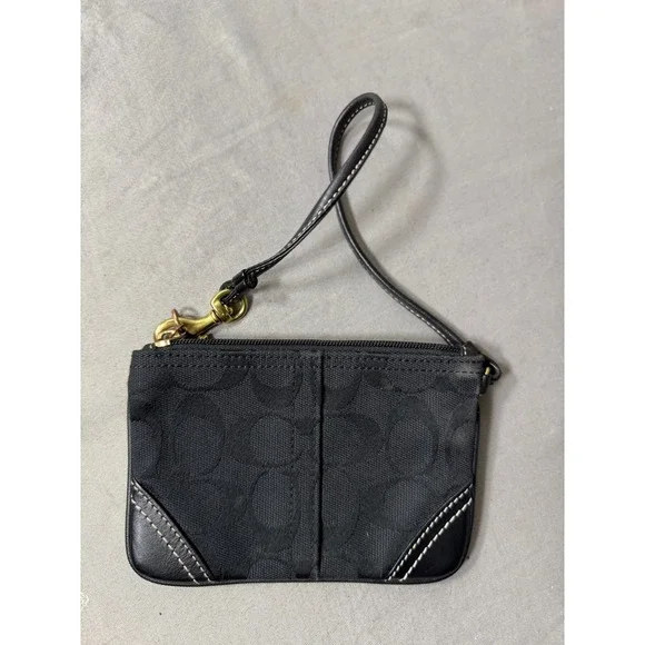 Coach Signature C Jacquard Wristlet Black Small Pouch Bag with Leather Trim