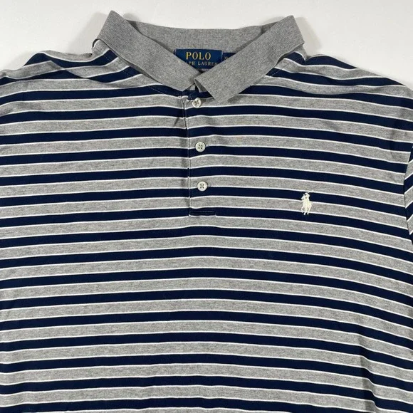 Polo Ralph Lauren Polo Shirt Mens XL Classic Fit Striped Navy Gray Cotton