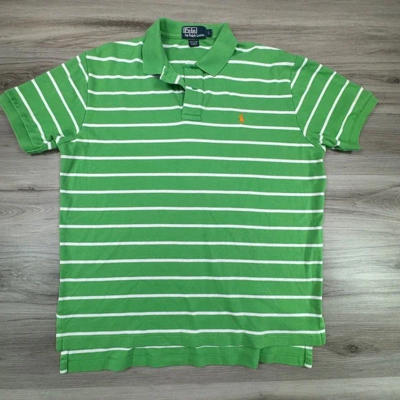 Polo Ralph Lauren Mens Green White Striped Short Sleeve Polo Shirt L Orange Pony