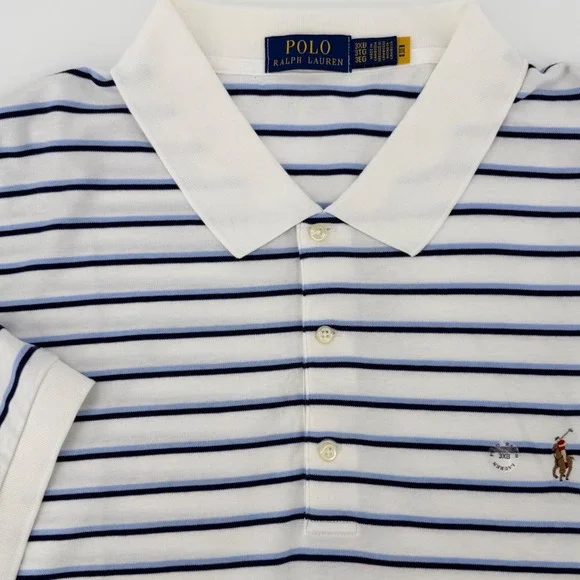 Polo Ralph Lauren Mens 3XB White Blue Striped Short Sleeve Polo Shirt NEW