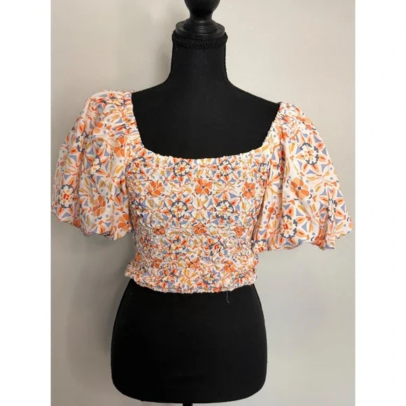 Dolan Women's Off the Shoulder Smocked Textured Puff Sleeve Blouse Sz XXS