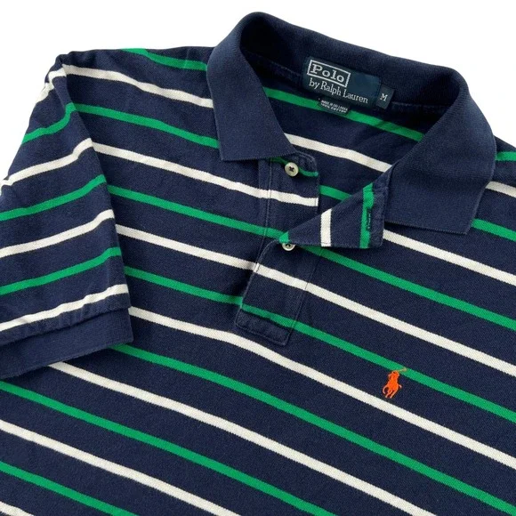 VTG Polo Ralph Lauren Mens Medium Striped Polo Shirt Navy Blue Green Orange Prep
