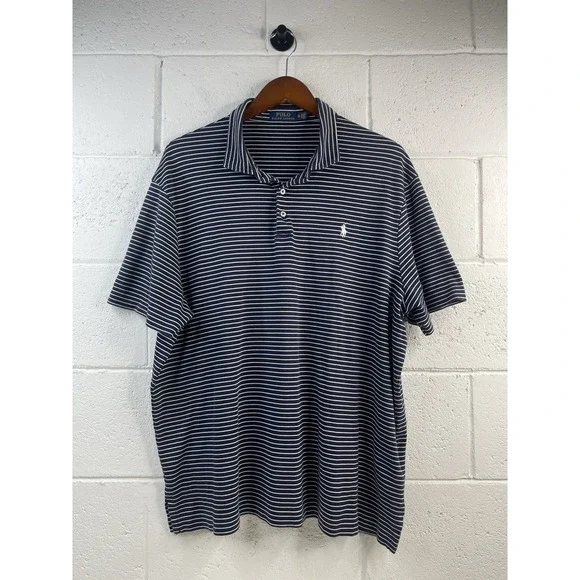 Polo Ralph Lauren Men's Navy/White Striped Short Sleeve Polo Shirt Size 2XL  EUC