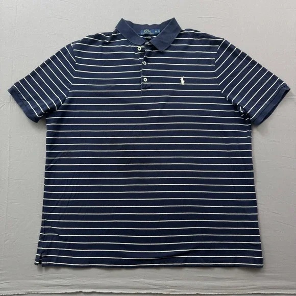 Polo Ralph Lauren Mens XL Navy Blue White Striped Stretch Mesh Polo Shirt Logo