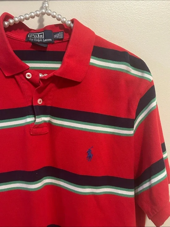 Polo Ralph Lauren Striped Polo Shirt Mens XL Custom Fit Red Navy Green Cotton