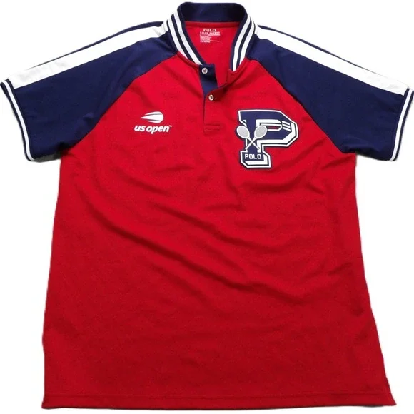 Polo Ralph Lauren US Open Tennis Shirt Men L Red Performance Big P Polo Logo EUC