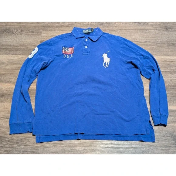 Polo Ralph Lauren Mens XL Custom Fit Long Sleeve Big Pony USA‎ Flag Polo READ
