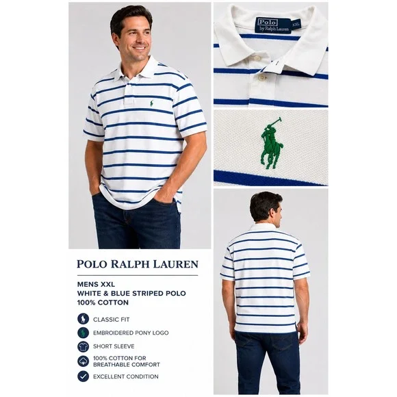 Polo Shirt Ralph Lauren Polo Mens XXL White Blue Striped Top Short Sleeve Cotton