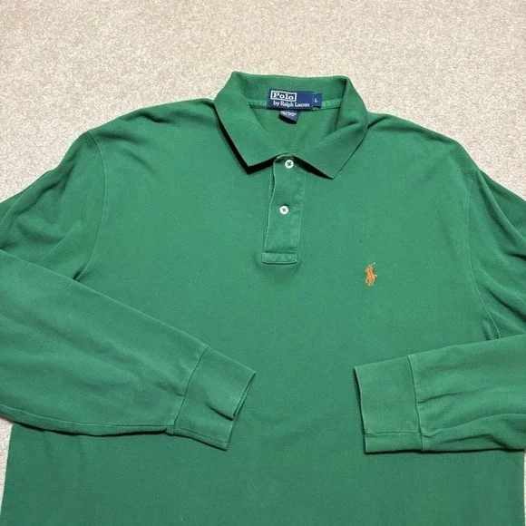 Vtg Polo Ralph Lauren Polo Shirt Mens Large Green Rugby Long Sleeve Cotton 90s