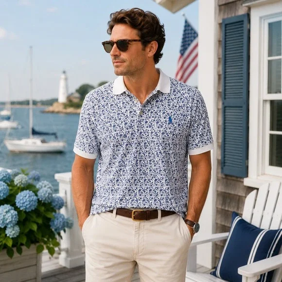 Polo Ralph Lauren Mens Floral Classic Fit Polo Shirt Sz XXL Blue White Cotton