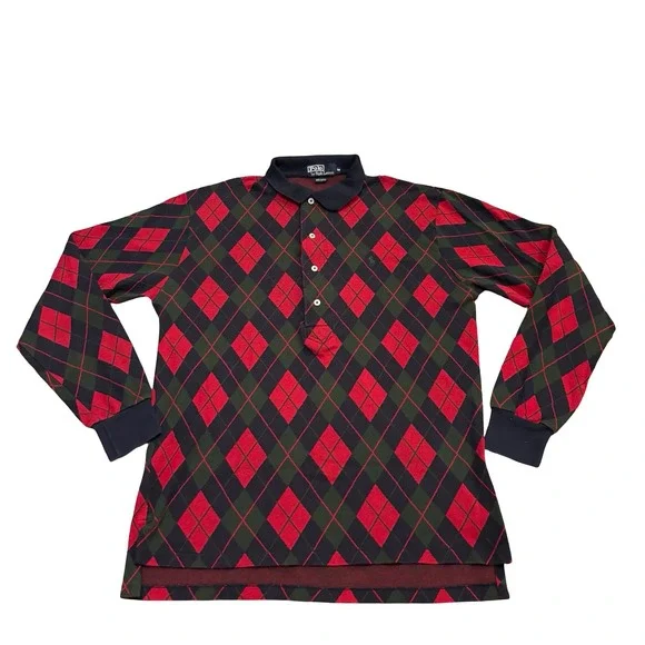 Polo Ralph Lauren Mens Argyle Long Sleeve Polo Shirt Red Green Navy Blue Size M