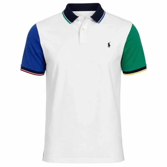 Polo Ralph Lauren Mens Colorblock Pique Polo Shirt White Blue Green 2XLT Tall A4