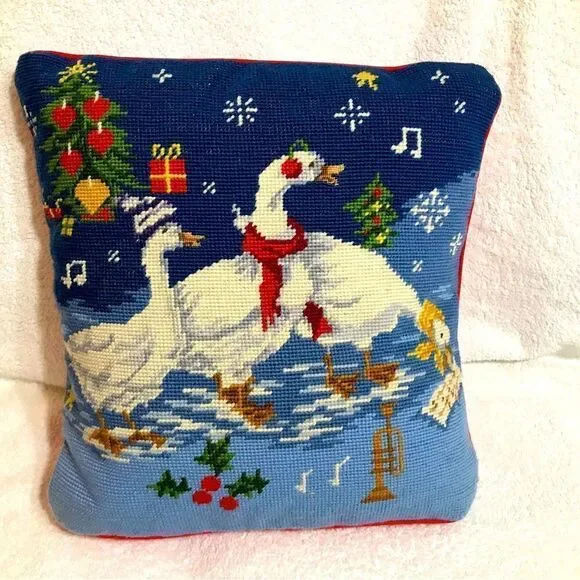 Steinway Vtg Christmas Needlepoint Geese Throw Pillow