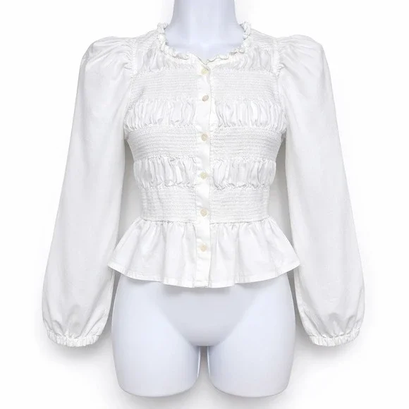 Zara White Smocked Puff Sleeve‎ Peplum Blouse Cotton Cottagecore S