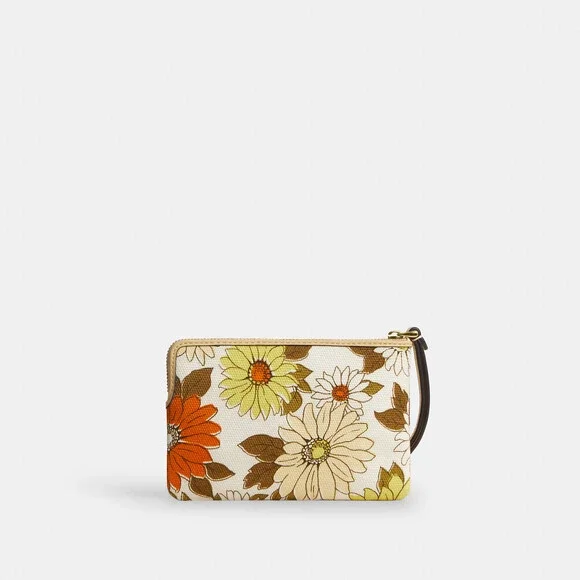 Coach Corner Zip Wristlet With Floral Print Vanilla Sunflower