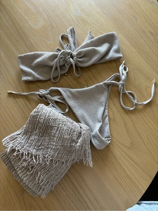 Monday Swimwear Beige Textured Bandeau Bikini Set