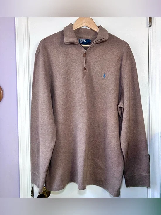 Polo Ralph Lauren Tan Cotton 1/4 Zip Men’s Sweater XL Light Blue Pony