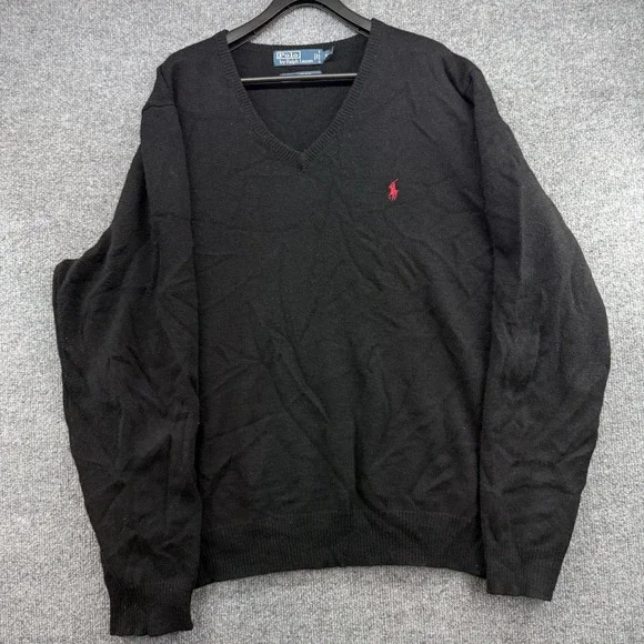 Polo Ralph Lauren Mens Black 100% Lambswool V-Neck Sweater‎ XXL 69775