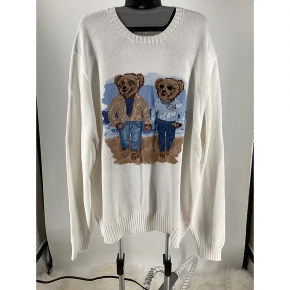 Polo Ralph Lauren Mens XXL White Beach Polo Bear Cotton Knit Sweater RL 85 New