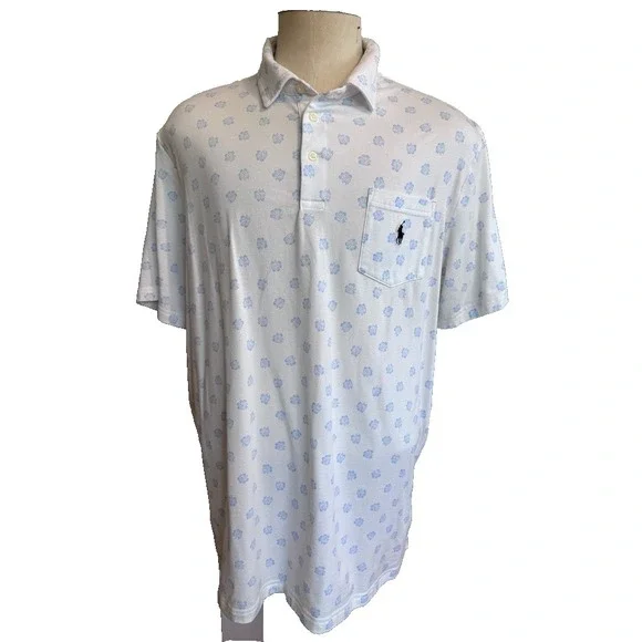 Polo Ralph Lauren Performance Polo Shirt Men's XL White Blue Floral Print Summer