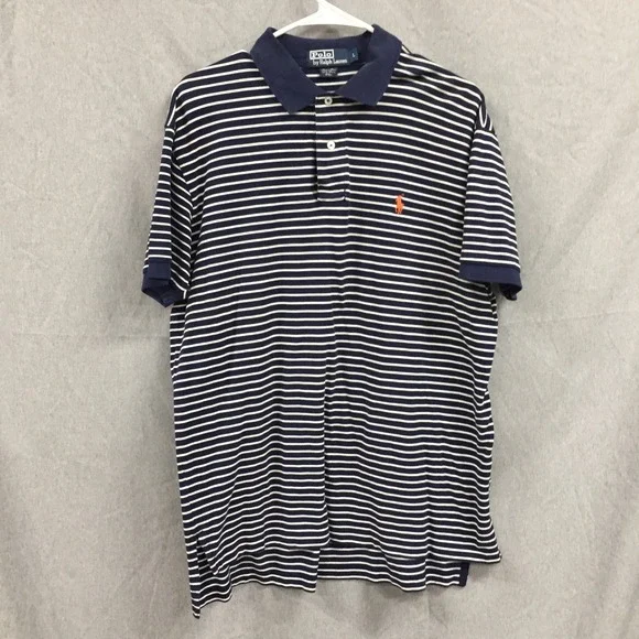 Polo Ralph Lauren Mens Large Pima Cotton Striped Polo Shirt Navy White Logo