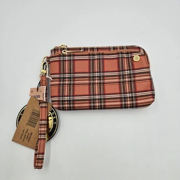 New Steve Madden Plaid Wristlet Small Pouch Zip Around Tan Red Black‎