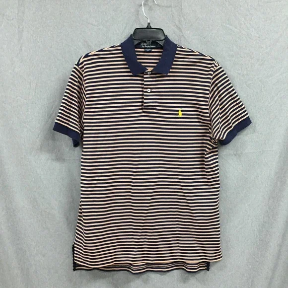 Polo Ralph Lauren Mens Large Pima Cotton Striped Polo Shirt Navy Blue Orange