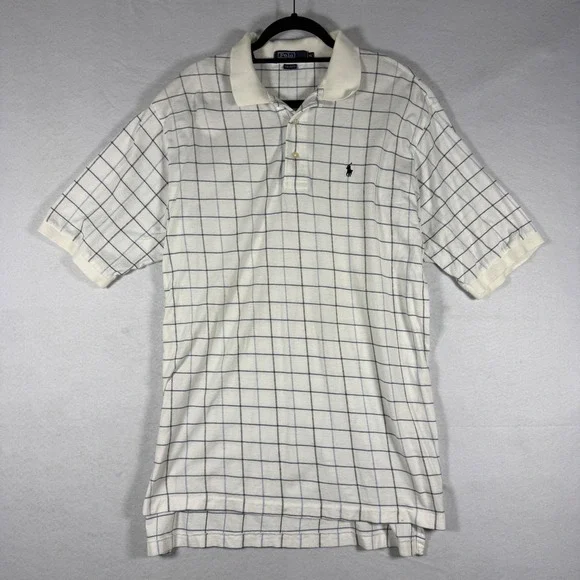 Vintage Polo Ralph Lauren White Blue Grid Polo Golf Shirt XL Made in Canada Mens