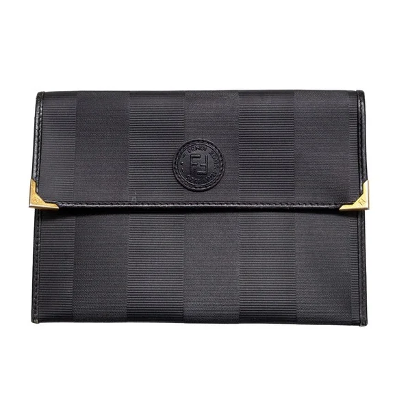 Vintage Fendi SAS Roma Pequin Striped Canvas Clutch Bag Black Leather G-02859